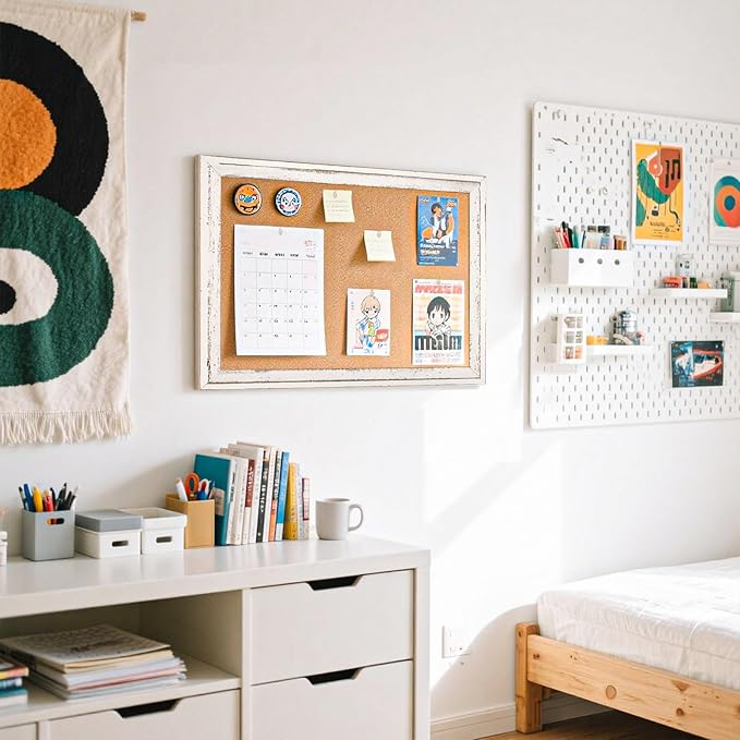 White Cork Board Bulletin Board, 24" x 18" Wooden Framed Corkboard for Office, Decorative Hanging Pin Board Vision Board for Office Home School Decor