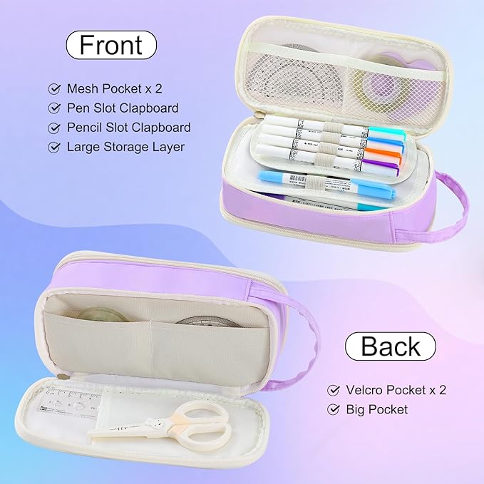 Pencil Case Large Zipper Pencil Pouch for Girls Kids Teens Adults Aesthetic Pencil Bag Stationery Organizer Pen Pencil Case with Handle for School Purple