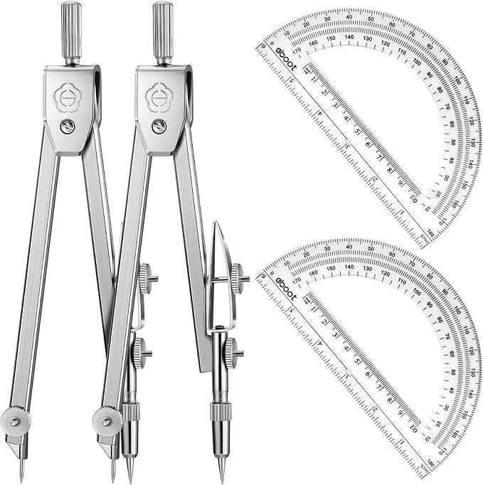 Zonon 2 Set Protractor and Compass Set, Student Geometry Math Set Drawing Compass and 6 Inch Clear Swing Arm Protractors 180 Degree Math Protractor
