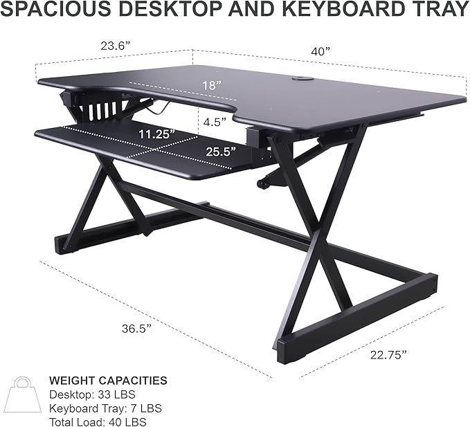 Rocelco 40" Height Adjustable Standing Desk Converter with AC Outlet and USB Charger - Gas Spring Sit Stand Up Dual Monitor Tabletop Riser Workstation - Large Keyboard Tray - Black (R DADRB-40-ACUSB)