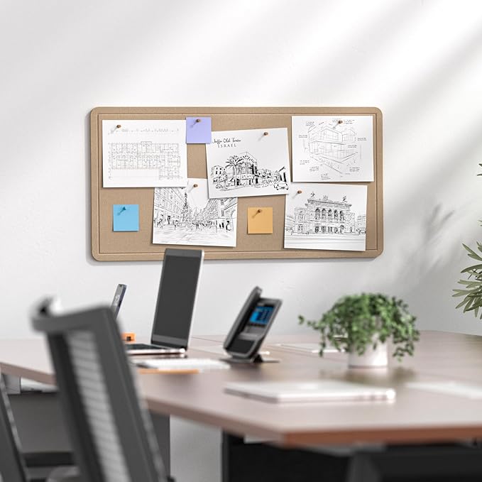 MaxGear Bulletin Board 35" x 17.5", Foldable Small Felt Board Vision Board Supplies, Cork Board for Office, Home, School, Pin Boards for Walls Decorative Picture Framed Display Board Beige Brown