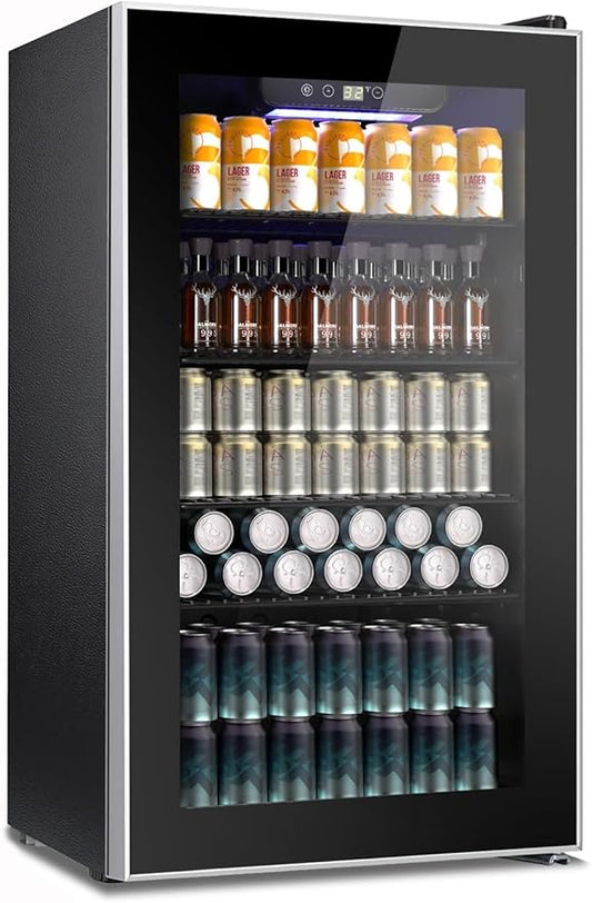 Kndko Beverage Refrigerator Cooler - 130 Can Mini Fridge with Adjustable Shelves, Glass Door, Digital Temperature Control, LED Lighting, Energy Efficient for Home, Office, Bar - 3.2 Cu.Ft, Black