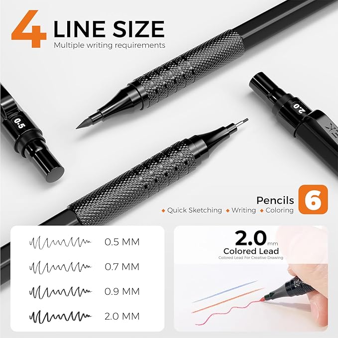 35PCS Black Art Mechanical Pencil Set in Case,0.5 0.7 0.9 2.0 Graphite Metal Drawing Drafting Pencils, Sharpener Erasers 384PCS Lead Refills (6B 4B 2B HB 2H 4H Colors) for Writing Sketching