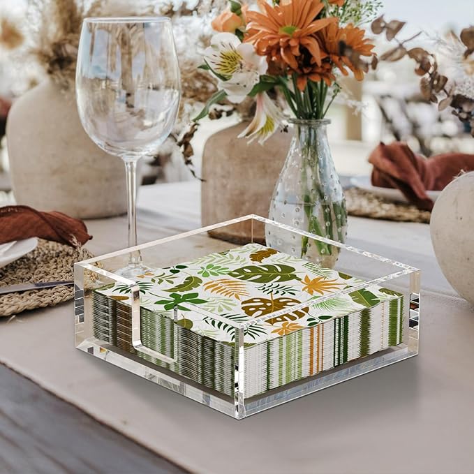 HIIMIEI Acrylic Napkin Holder for Table: Square Cocktail Napkin Dispenser, Flat Guest Towel Holder Tray, Disposable Hand Towel for Bathroom, Kitchen, Bar, Dinner, Party(Clear)