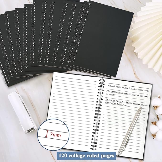12Pack Small Spiral Notebook A5, 8.25x5.5” 120 Lined Pages Black Wide Ruled Spiral Journal Bulk Blank Kraft Cover Spiral Bound Notebook & Writing Pads for Home Office Meeting Work Note Taking