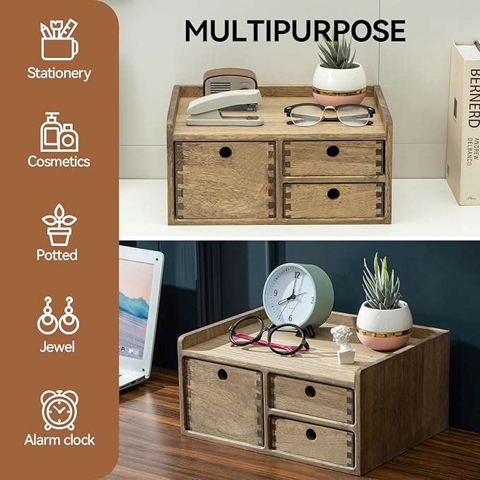 KIRIGEN Desk Organizer with 3 Drawers - Wood Drawer Storage Box with Trays for Tabletop - Workspace Office Toiletries Supplies Tool Caddy - Wooden Storage Cabinet1 Layer Dark Brown(DT1D3C-DBR)