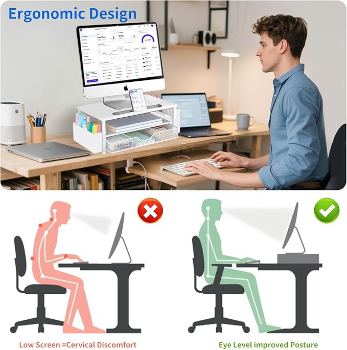 AUPSEN White Monitor Stand Riser, 2-Tier Wood Computer Desk Organizer with Drawer, Pen Storage & Phone Holder ,Office Desk Accessories Desktop Organizer for Office Supplies