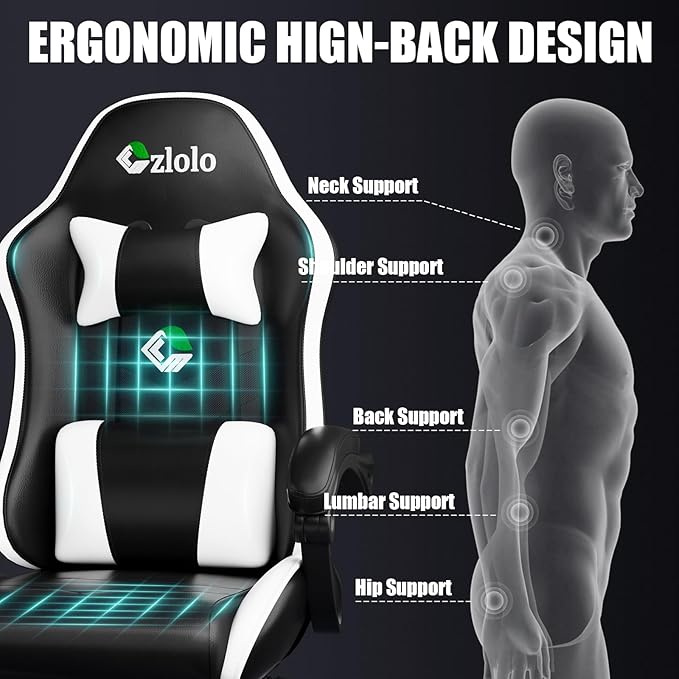 Gaming Chair, Ergonomic Office Computer Chair with Footrest and Lumbar Support Massager Racing Style High Back Video Gamer Chair, Wide&Thick Cushion, 90°-135° Recline, Adjustable Height, White