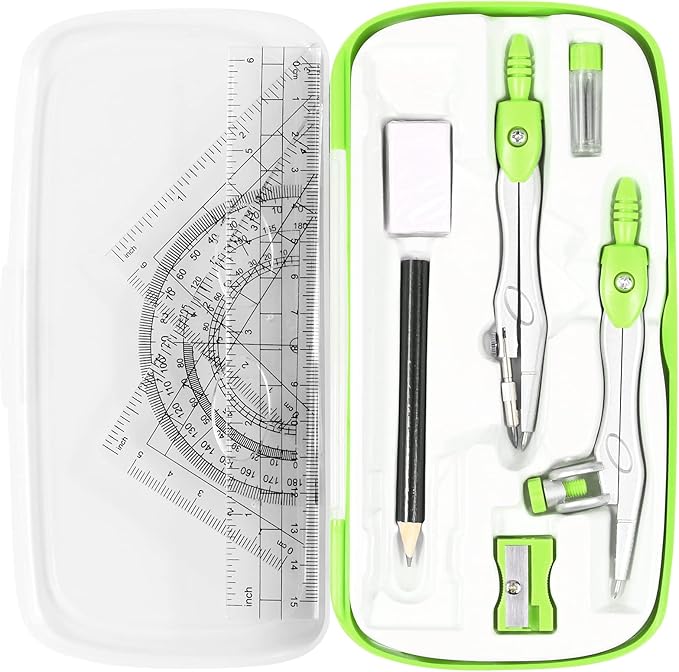 Math Geometry Kit Sets 10 Piece Student Supplies with Shatterproof Storage Box,Includes Rulers,Protractor,Compass,Eraser,Pencil Sharpener,Lead Refills,Pencil,for Drafting(Green)