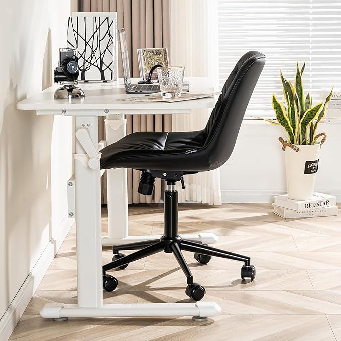 Kidol & Shellder Faux Leather Office Chair, Adjustable Swivel Height Task Chair, Rolling Wheels & Soft Backrest - Armless Ergonomic Desk Chair for Home, Office,Vanity,Gaming(Black)