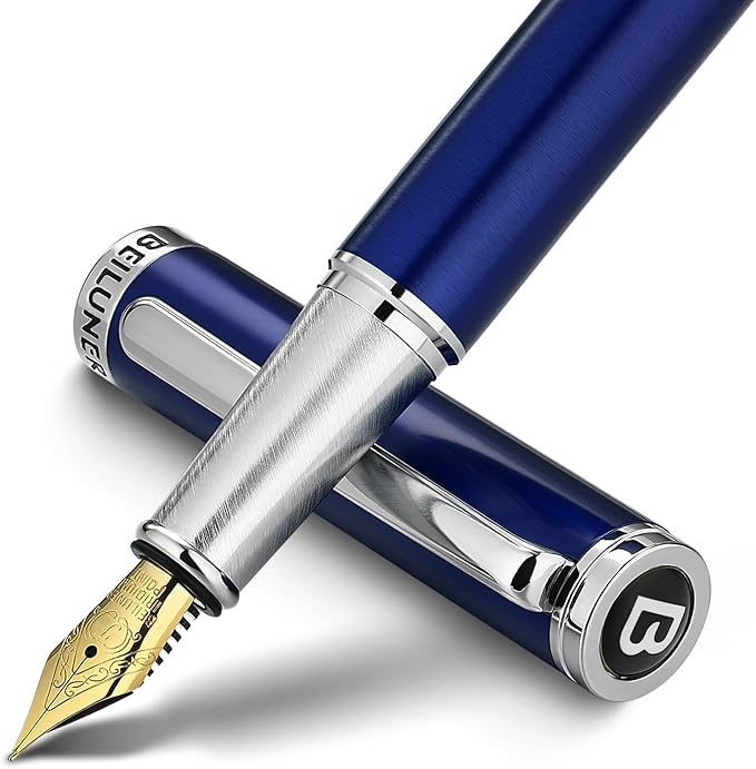 BEILUNER Luxury Fountain Pen Set,Solid 24K Gilded Fine Nib, Modern Classic Limited Edition -Includes 6 Ink Cartridges&Ink Refill Converter with Gift Case-Perfect for Men and Women(Charming blue)