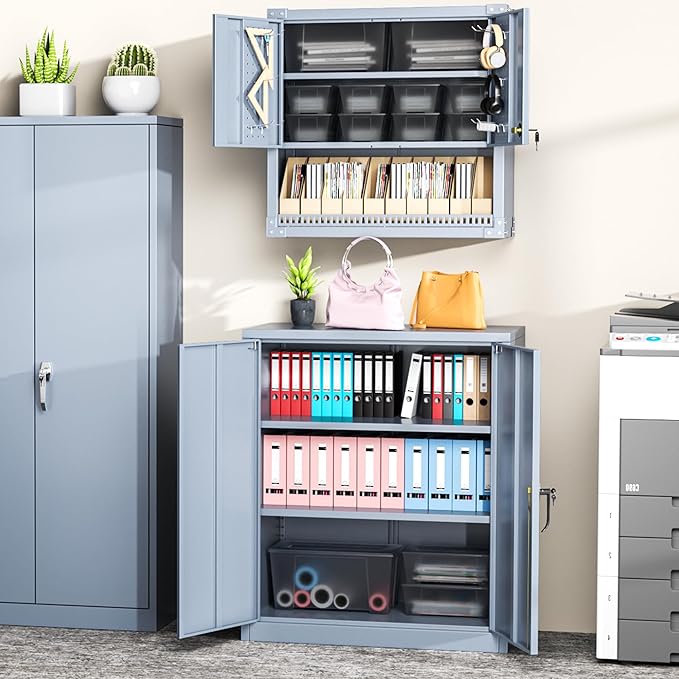 Greenvelly Metal Garage Storage Cabinet, Lockable Metal Cabinets with 2 Doors and Shelves,36”Steel Storage Locking Counter Cabinet for Office,Garage,Kitchen,Home,School(Dark Grey)
