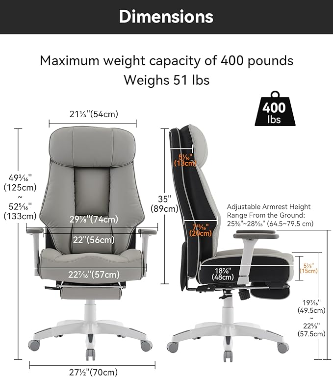 DJ·Wang Big and Tall Office Chair 400lbs with Foot Rest, High Back Executive Office Chair with Extra-Thick Spring Cushion, Ergonomic Leather Chairs Gray