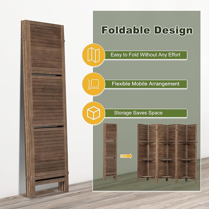 NicBex 6 Panel Room Divider 5.6FT Louvered Design Room Dividers with Display Storage Shelves Folding Privacy Screens Portable Freestanding Partition Wall Dividers for Home Bedroom Office, Dark Brown