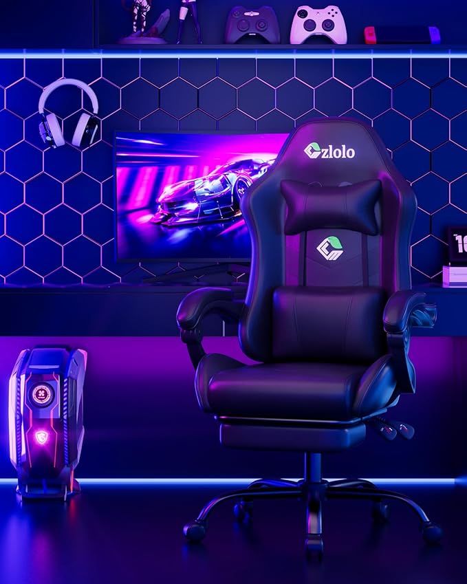 Gaming Chair, Ergonomic Office Computer Chair with Footrest and Lumbar Support Massager Racing Style High Back Video Gamer Chair, Wide&Thick Cushion, 90°-135° Recline, Adjustable Height, Black