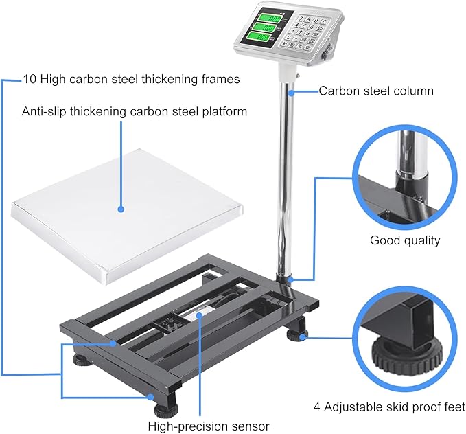 TUFFIOM 661lbs Weight Electronic Platform Scale,Stainless Steel High-Definition LCD Display,Digital Floor Heavy Duty Scales,Perfect for Luggage Package Price Computing Postal Shipping Mailing