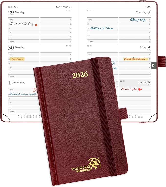 POPRUN 2026 Planner (Pocket Size 4''x 6.25'' Hardcover) - Small Calendar for Purse with Hourly Schedule & Vertical Weekly Layout, Monthly Calendars, 100 GSM - Burgundy