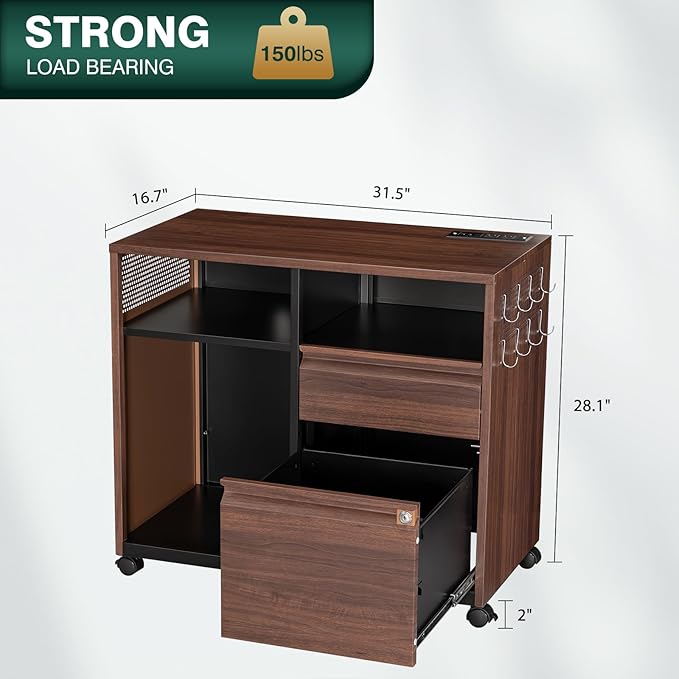 Mobile 2 Drawer File Cabinet,Metal File Cabinet with Lock,Lateral Printer Stand Filling Storage Cabinet for Home Office-A4/F4/Letter(Charging Socket)