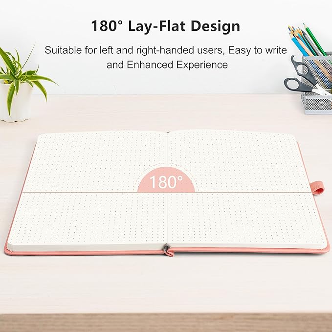 RETTACY Bullet Dotted Journal Notebook, 192 Pages, A5 Medium Size (5.7'' x 8.3''), Leather Hardcover, 100 GSM Thick Paper, for Bullet Journaling, Planning, Tracking (Pink)