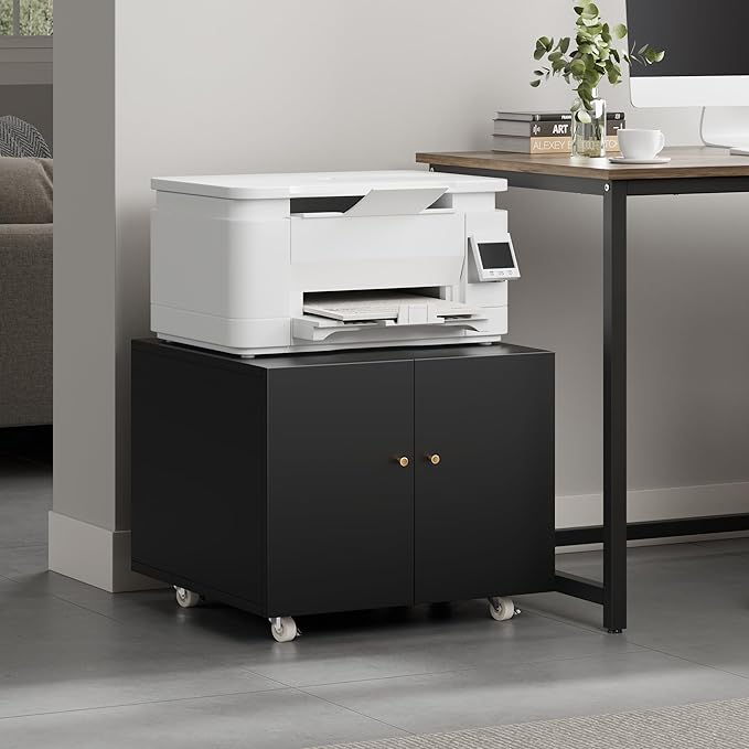 Warmiehomy Metal Printer Stand with Storage Mobile Printer Tables for Small Spaces with Door Adjustable Shelf Black File Cabinet on Wheels for Home Office