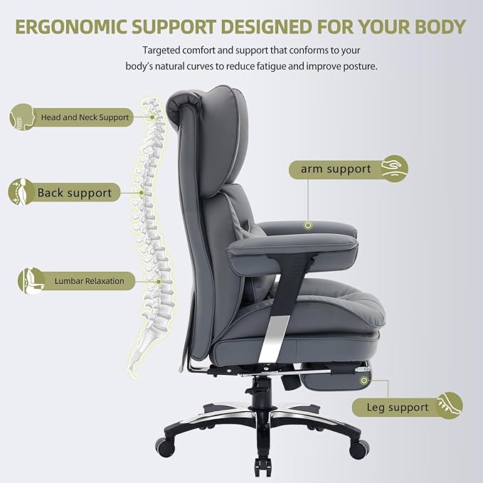 Efomao Big and Tall Office Chair with Footrest – High Back Computer Chair with Adjustable Armrests,Executive Office Chair with Wide Seat, Modern Desk Chair for Home Office, Gaming, or Study, Grey