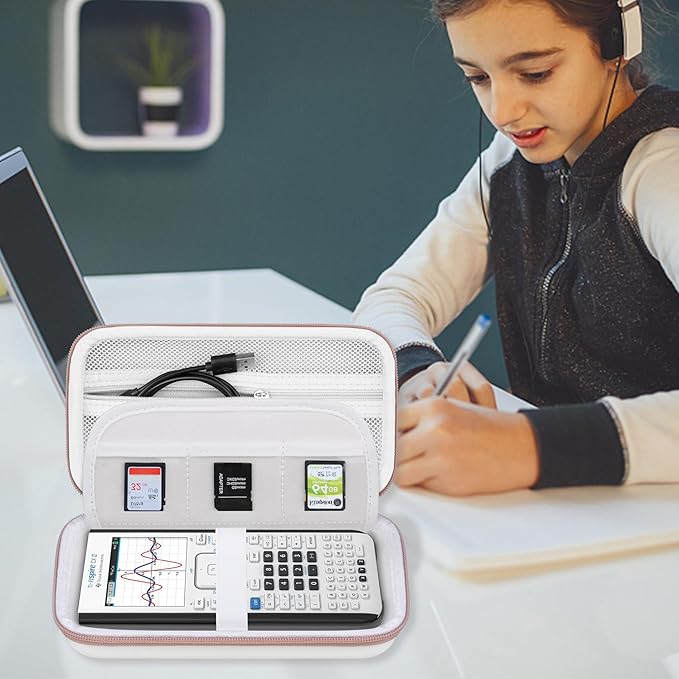 BOVKE Calculator Case for Texas Instruments TI-Nspire CX II CAS/CX II/CX CAS/CX Color Graphing Calculator and More - Extra Mesh Pocket for USB Cables and Other Accessories, White