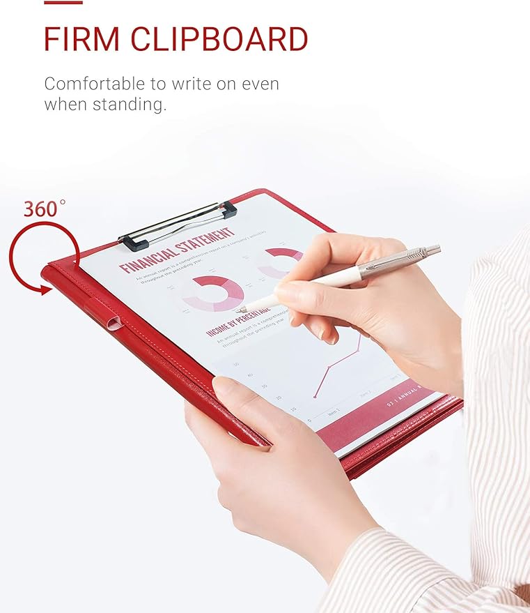 Mymazn Padfolio Clipboard Folder Portfolio, Faux Leather Storage Clipboard with Cover for Legal Pad Holder Letter Size A4 Writing Pad for Business School Office Conference Notepad Clip Boards (Red)