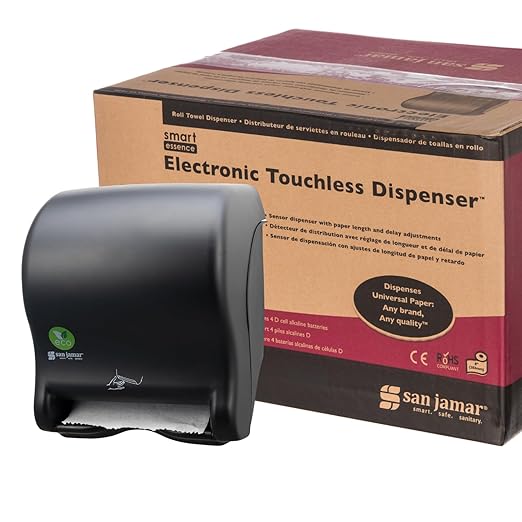 San Jamar Ecologic Smart Essence Recycled Plastic Electronic Paper Towel Dispenser, Universal Roll Capacity, Wall Mounted Dispenser with Zero Waste for Home and Business Universal, Black