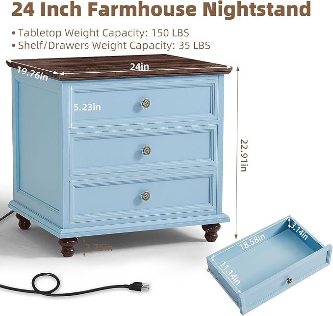 24" Wide Farmhouse Night Stand Set of 2,Large End Table with 3 Drawers & Metal Handle,Light Blue Wood Dresser for Bedroom Cabinet, Bed Side Table Chest of Drawers ,Nightstand for Living Room,Closet