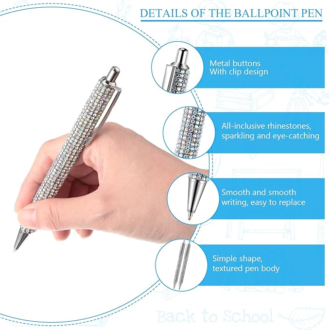 Jeyiour 6 Pcs Bling Pen Cute Diamond Wedding Rhinestones Gift Metal Ballpoint Fancy Sparkly Crystal Retractable Black Ink Pen for Women Office Birthday 0.7mm(Colorful Silver, Silver)