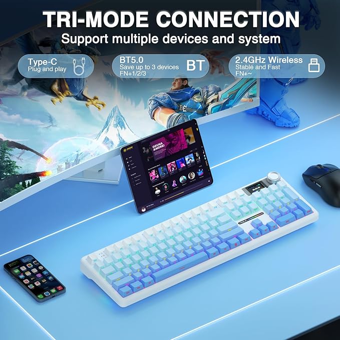 AULA F108 PRO - Wireless Mechanical Keyboard with Screen&Knob,Hot Swappable Gaming Keyboard with 8000mAh Battery,Pre-lubed Switches,RGB Backlit,PBT Keycaps Creamy Sounding Computer Keyboards,104 Keys