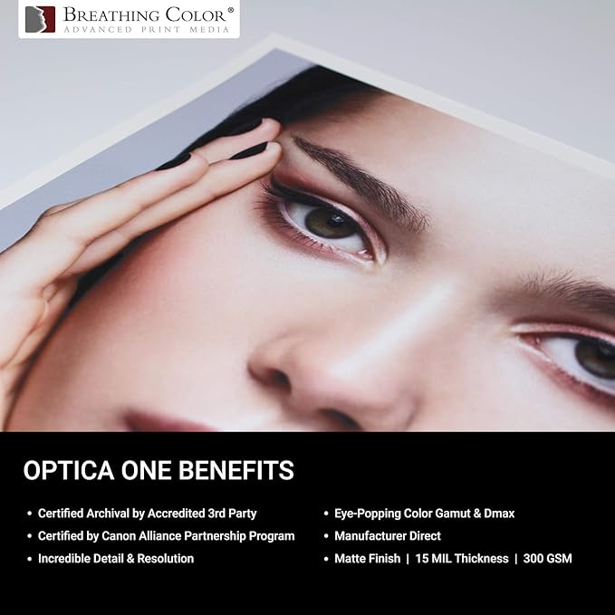 Optica One is a Luxurious 300 gsm Smooth Matte Fine Art Inkjet Paper Featured in a 36"x40' Roll; Its Bright White Color Makes It Ideal for Black and White and Color Prints. 100% Archival Certified