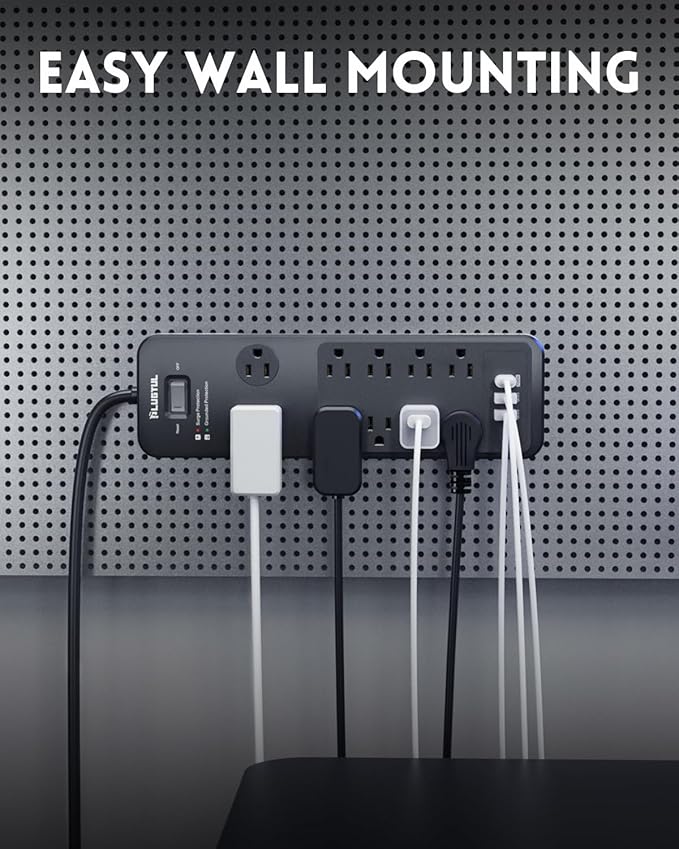 Surge Protector Power Strip 10FT, PLUGTUL Surge Protector with 10 Outlets - Spacious Design for Large Plugs, Flat Plug, 20W USB C Charging for Home, Office, ETL Listed,2040J