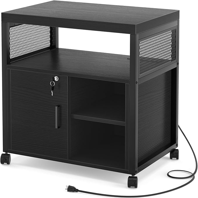 Unikito Lateral File Cabinet, Locking Office Filing Cabinets with Socket and USB Charging Port, Modern Rolling Printer Stand with Storage for A4, Letter Size and File Folders, Black
