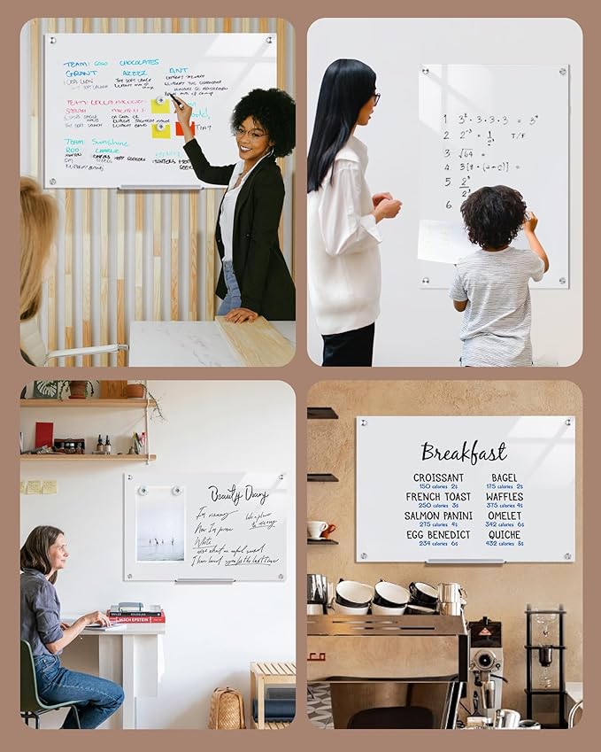 Magnetic Glass Whiteboard,36"x24" Wall Mounted Frameless Dry Erase Board for Office, Home & School Ultra White