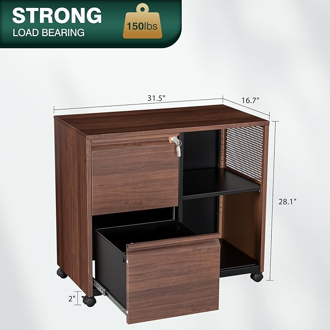 2 Drawer Mobile File Cabinet,Metal File Cabinet with Lock,Lateral Printer Stand Filling Storage Cabinet for Home Office-A4/F4/Letter(Wood