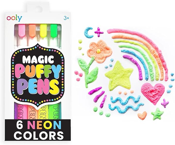 Ooly Puffy Paint Neon Gel Pens Set of 6, 3D Foam Texture Painting Magic Puffy Pen, Creative and Fun Pens for Kids Arts and Crafts Drawing Supplies