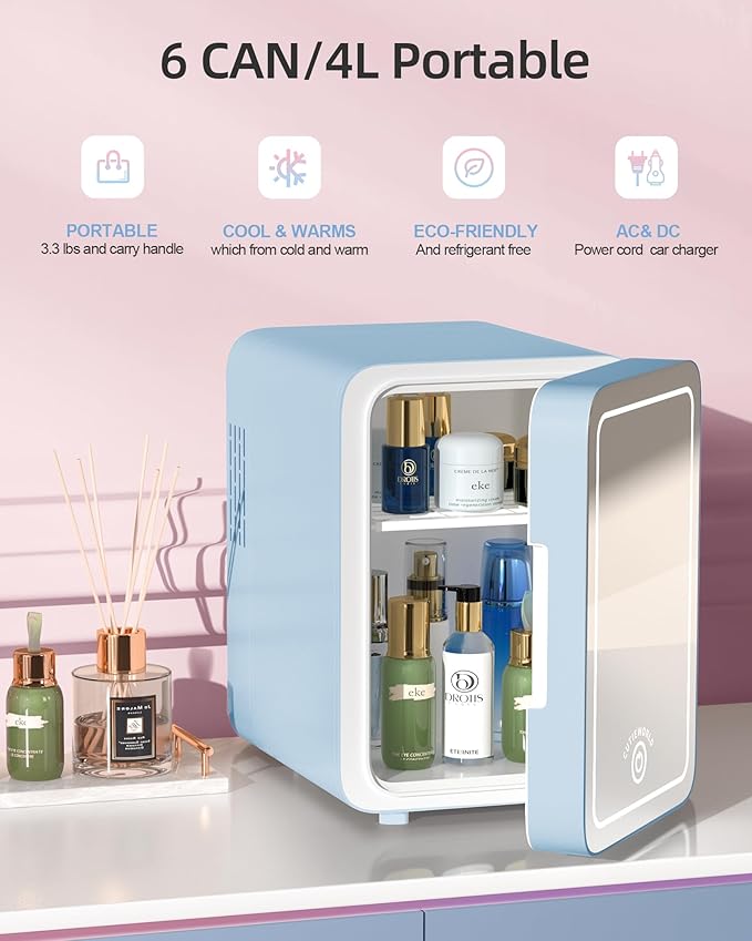 Skincare Fridge With Dimmable LED Light Mirror, 4L Makeup Mini Fridge for Bedroom, Car, Office & Dorm, Cooler & Warmer, Portable Small Refrigerator for Cosmetics, Skin Care and Food, Blue