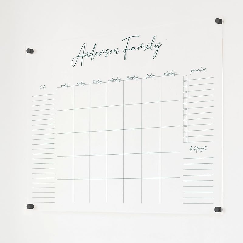Personalized Clear Acrylic Calendar for Wall, Calendar Whiteboard for Wall, Dry Erase Wall Calendar, Wall Calendar Organizer System for Home (Cursive, Jade, 38"W x 26"H)