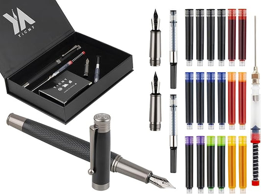 Fancy Fountain Pen Set – Fine & Medium Nibs, Includes 18 Ink Cartridges, Ink Converter, Syringe Filler, Luxury Gift for Writing, Journaling & Calligraphy,Black