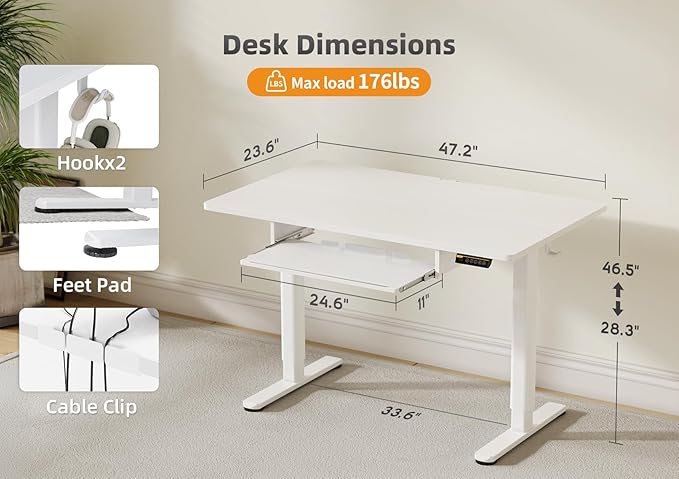 YDN Standing Desk with Keyboard Tray, 48 Inch Height Adjustable Desk with Cable Management, White Stand Up Desks for Home and Office, White