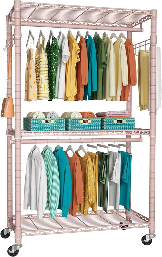 P1 Heavy Duty Garment Rack, 3 Tiers Adjustable Rolling Metal Closet Organizer with Lockable Wheels, FreeStanding Wardrobe with Double Hanger Rods & 1 Pair Hooks, Max Load 450 LBS, Pink