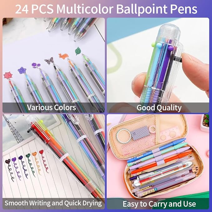 Back to School Supplies 24 PCS Ballpoint Pens Bulk 6-in-1 Colored Pens Ballpoint Party Favors Office Supplies Multicolor Pen Back to School Gifts for Kid Students Son Daughter Classroom Birthday