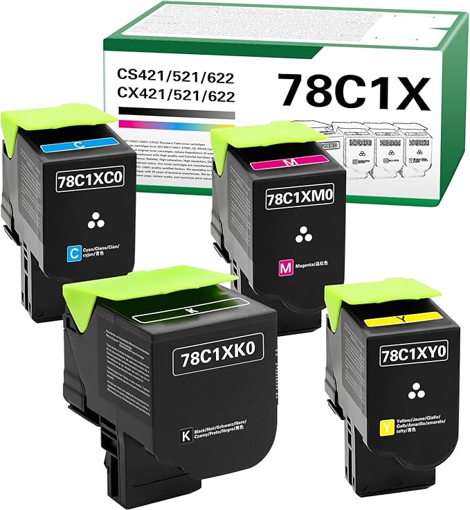 78C1X CS421 CX522 CS521 Toner Cartridge Extra High Yield Compatible for Lexmark CS421 CS521 CS622 CX522 CX421 CX622 CX625 Printer with 78C1XK0 78C1XC0 78C1XM0 78C1XY0(4 Pack 78C1X Toner)