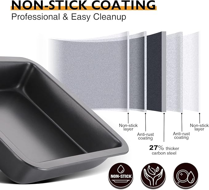HONGBAKE 8x8 Cake Baking Pan Set, Nonstick Square Brownie Pans with Wider Grips, 2 Pieces, Heavy Duty, Grey