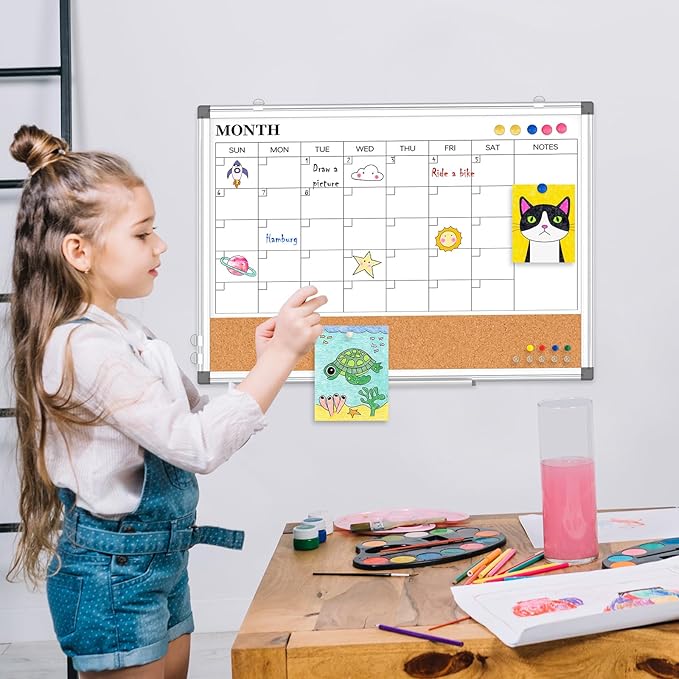 Monthly Calendar Whiteboard Dry Erase Cork Board Combo for Wall, 36" x 24" Magnetic Double-Sided Calendar White Board and Bulletin Board, Portable Board for Office, Kitchen, School, Home