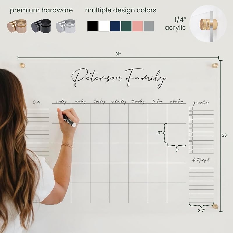 Personalized Clear Acrylic Calendar for Wall, Calendar Whiteboard for Wall, Dry Erase Wall Calendar, Wall Calendar Organizer System for Home (Cursive, Grey, 31"W x 23"H)