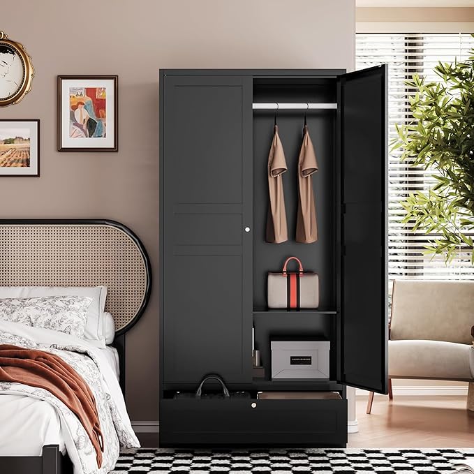 Letaya Wardrobe Closet,72" H Clothing Metal Storage Cabinet with Storage Drawer Adjustable Shelves and Hanging Rod,Bedroom Armoire Cabinet Clothes Organizer (Black)