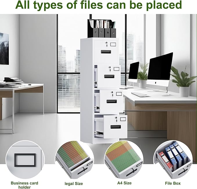 Aobabo 4 Drawer File Cabinet, Metal Filing Cabinet with Lock, Suitable for Home Office School Hanging Files Letter/Legal/A4 Size,White,Required-Assembly,17.72" D x 14.96" W x 55.2" H