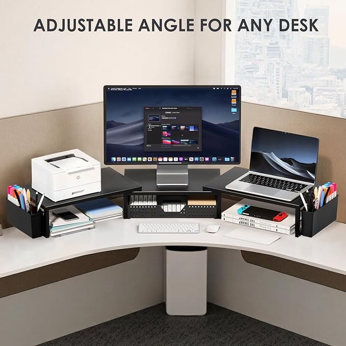 Desk Organizers and Accessories, Dual Monitor Stand Riser with Drawer and 2 Pen Holders, Desk Shelf Metal Computer Monitor Stand for Office Workspace Organizers, Desktop Organization (Black)